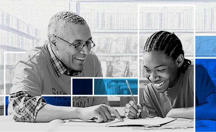 graphic of an older man sitting and helping a young boy with an assignment