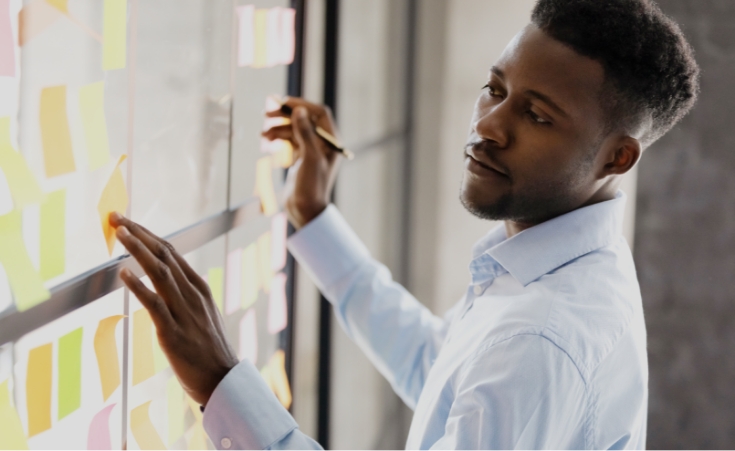 young male professional strategizing with post its on a white board