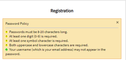 password policy: must be 8-20 characters long; at least one digit; at least one symbol; both uppercase and lowercase required; username (email) may not appear in the password