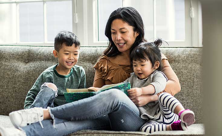 Mother reading to her two children